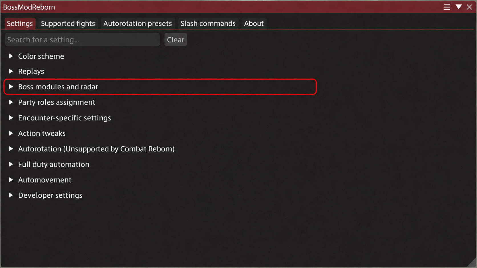 BossMod RebornのSettingsでBoss modules and radarを選択する画面