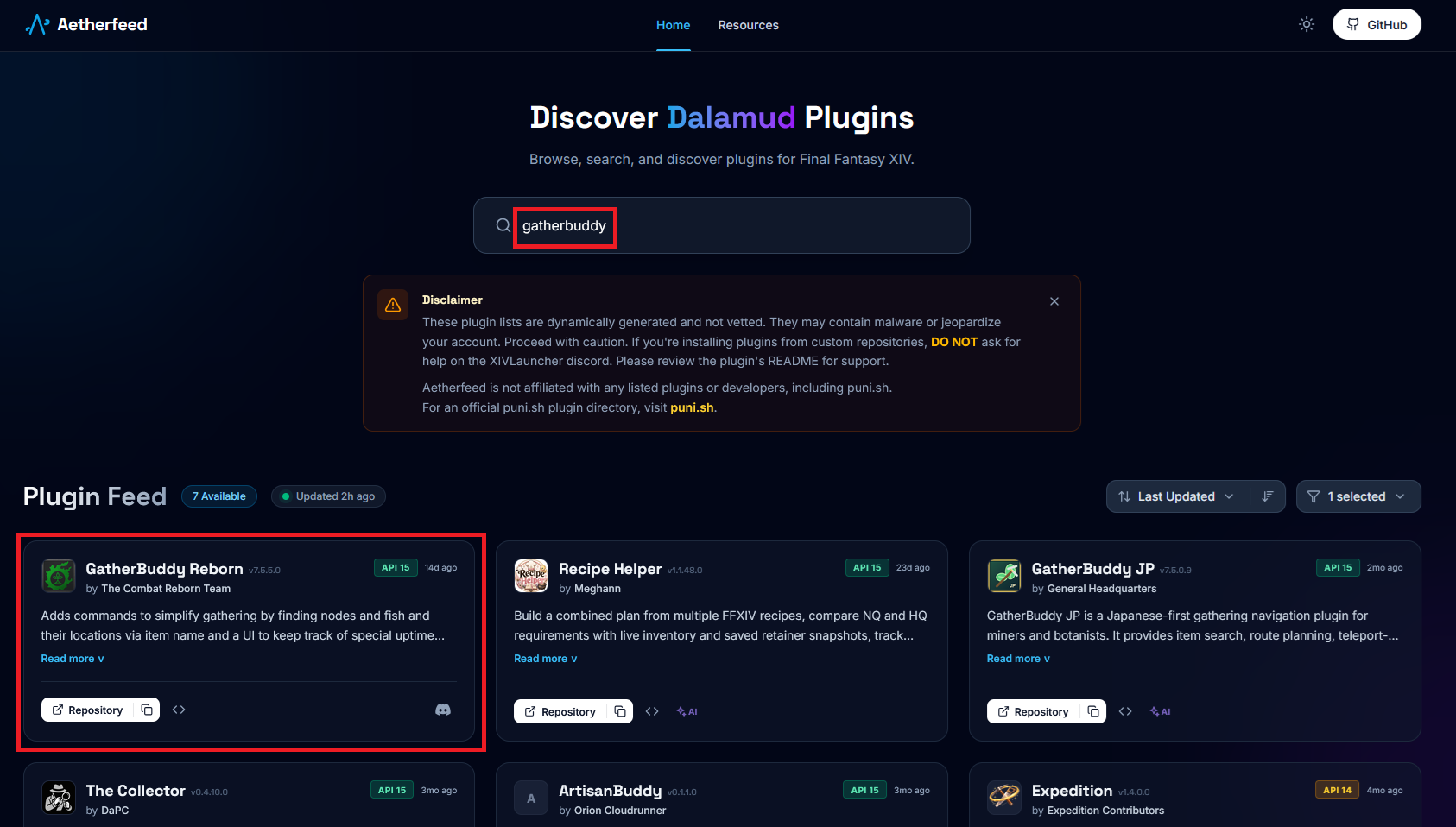 Aetherfeedでプラグインを検索した結果とリポジトリコピーボタン