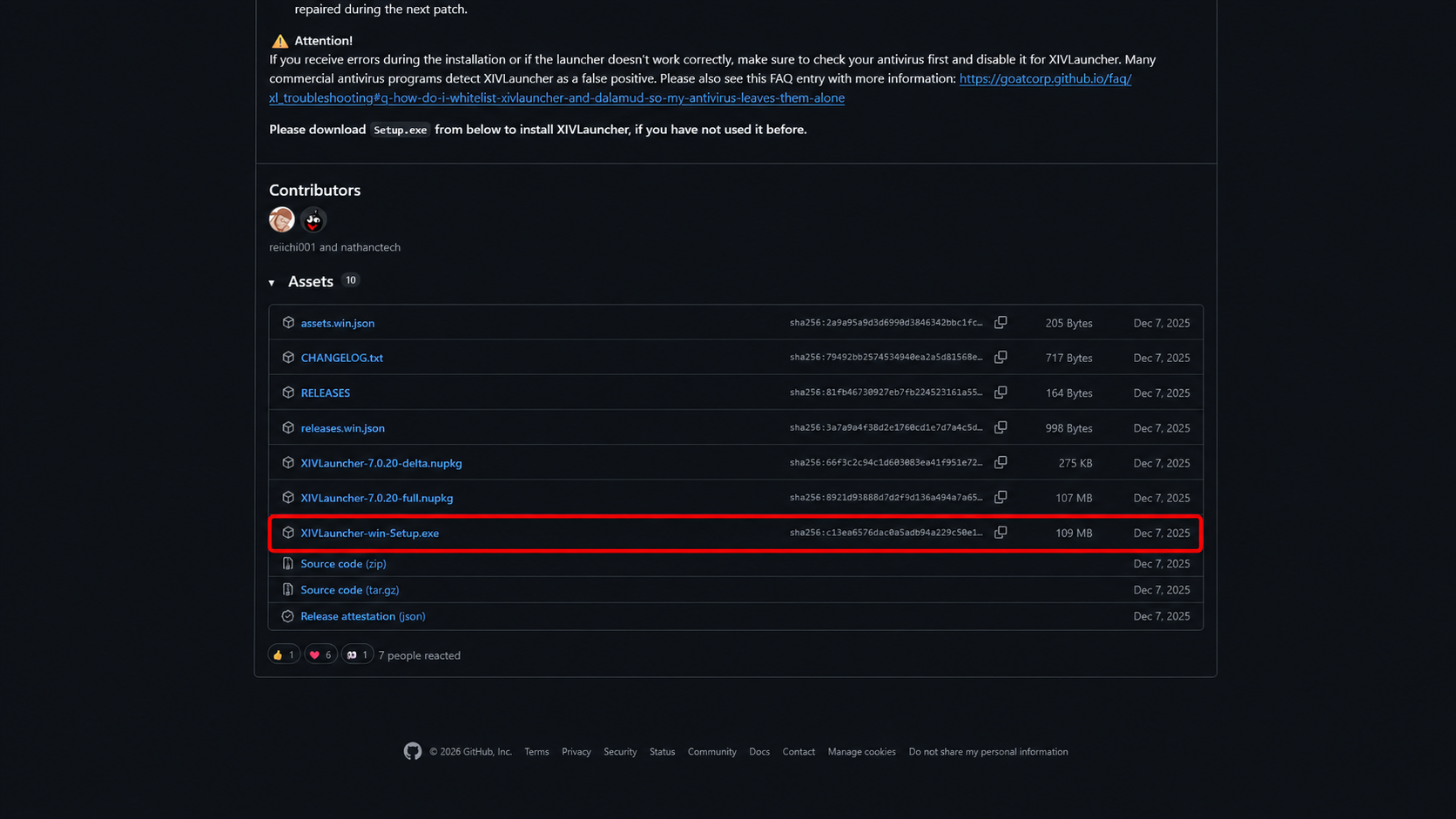GitHub ReleasesのXIVLauncher-win-Setup.exe