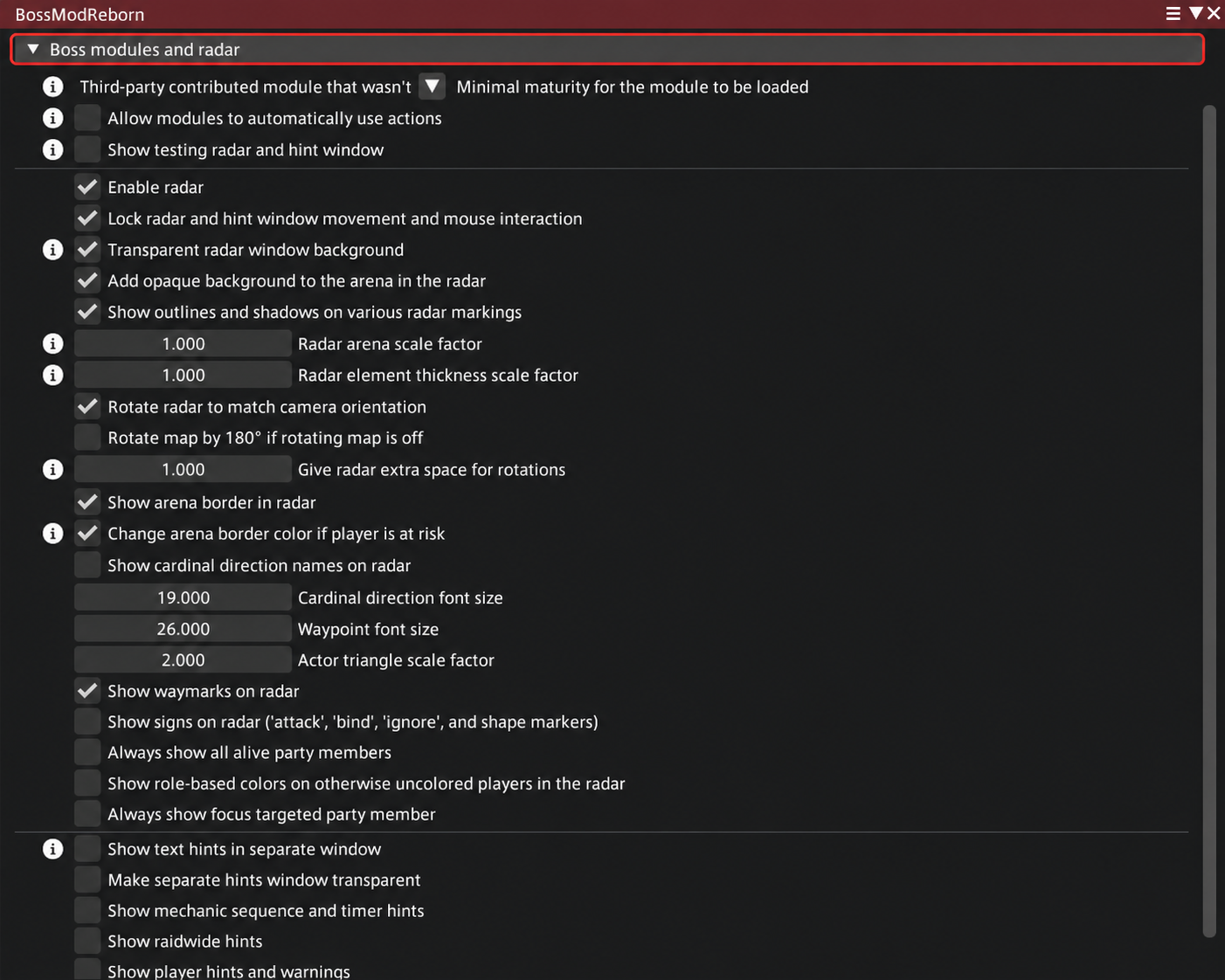 BossMod RebornのBoss modules and radar設定を展開した画面