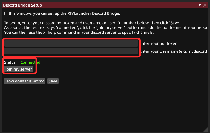 Discord Chat BridgeへBot TokenとDiscordユーザー名を設定し接続した画面